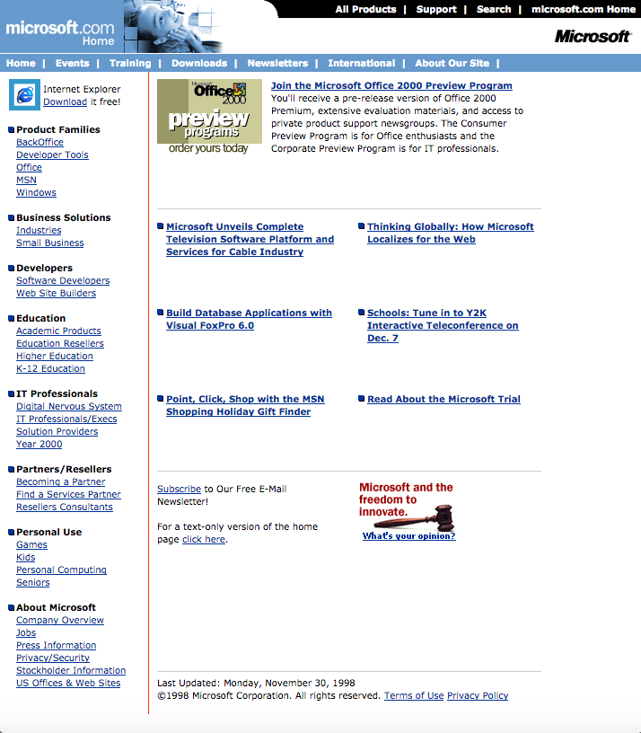 Microsoft homepage (1998)